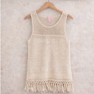 Lilly Pulitzer Cream Knit Top crochet tassel hem
